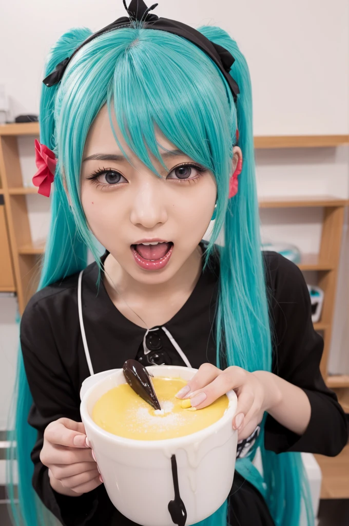 Hatsune Miku is being seeded by a man and is being creampied with an ahegao face