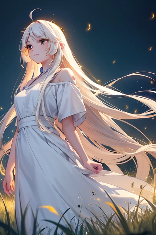 a young woman wich long, flowing hair in a long, flowing white dress, standing in a field of tall grass with fireflies surrounding her and is looking off into the distance with a serene expression on her face. The fireflies are glowing in the dark, creating a magical and mystical atmosphere. The overall effect of the image is one of enchantment and wonder.