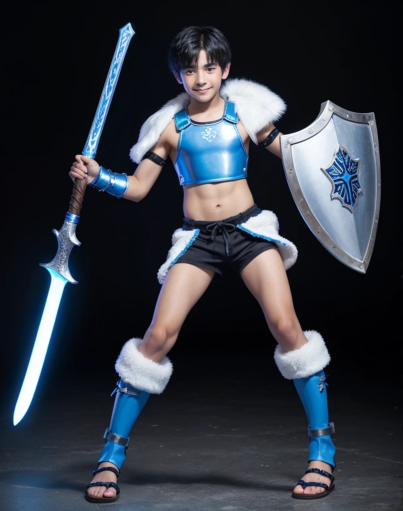Young 13-year-old boy with black hair and brown eyes, innocent and happy, dressed in short neon-blue medieval barbarian clothes, fur shorts, light-blue battle armor, weilding silver sword and shield, sandals; fullbody; short hair, boyish athletic, sexy,