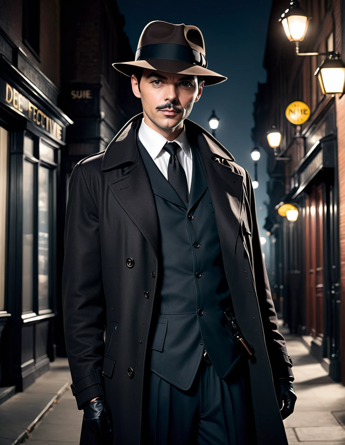 a photo of person, detective costume with hat, noir style suite