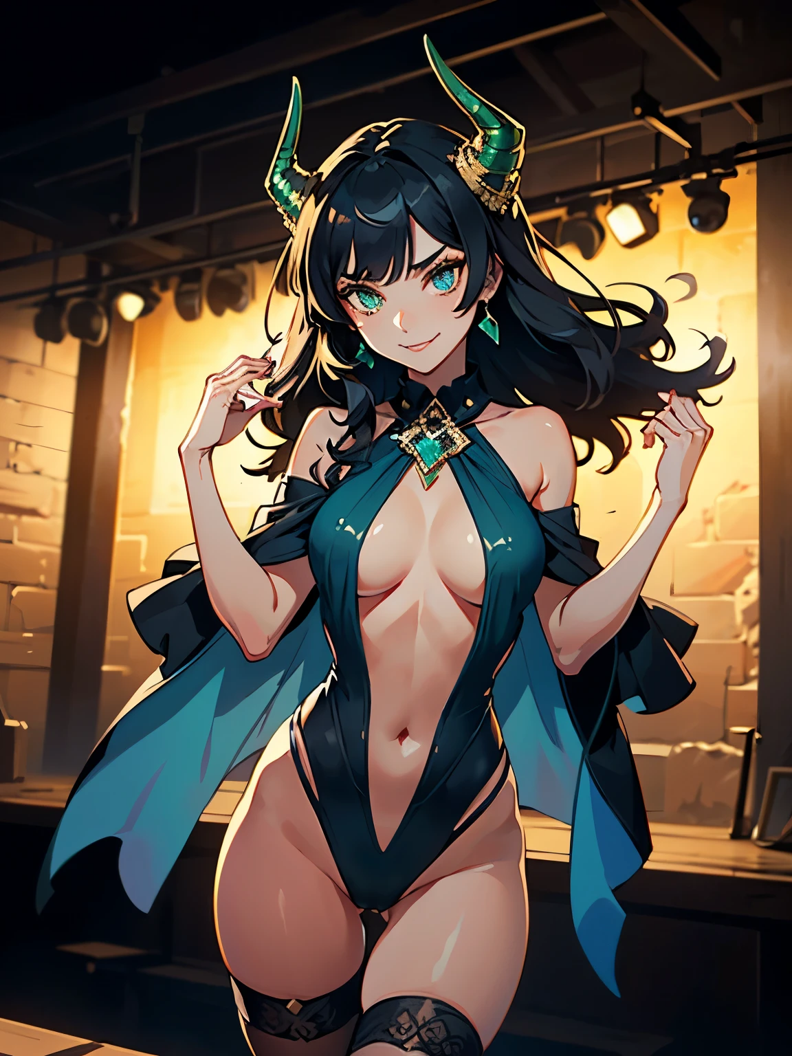 masterpiece, high quality, 1_woman, (upper body), (dancing), (exotic skin_complexion:1.4), mature, tall, beautiful, exotic, long black horns on head, long hair, black hair, cute bangs, flowing hair, detailed face, having diamond shaped eyes, emerald green eyes, (stoic eyes), (dark_eyeliner), long_eyelashes, (hands up), dark lipstick, ((smirking)), large_bust, (wearing collar around neck with an emerald green gem embedded in it, one_piece (blue) swimsuit), bare_shoulders, diaphanous shawl, black thigh highs, ((thigh_gap)), (cameltoe), natural dynamic lighting casts detailed shadows, on a wooden stage, in rustic brothel, spot lights, ((Dark night)), Portrait, color difference, Depth of field, dramatic shadows, Ray tracing, Best quality, Cinematic lighting ,official art,