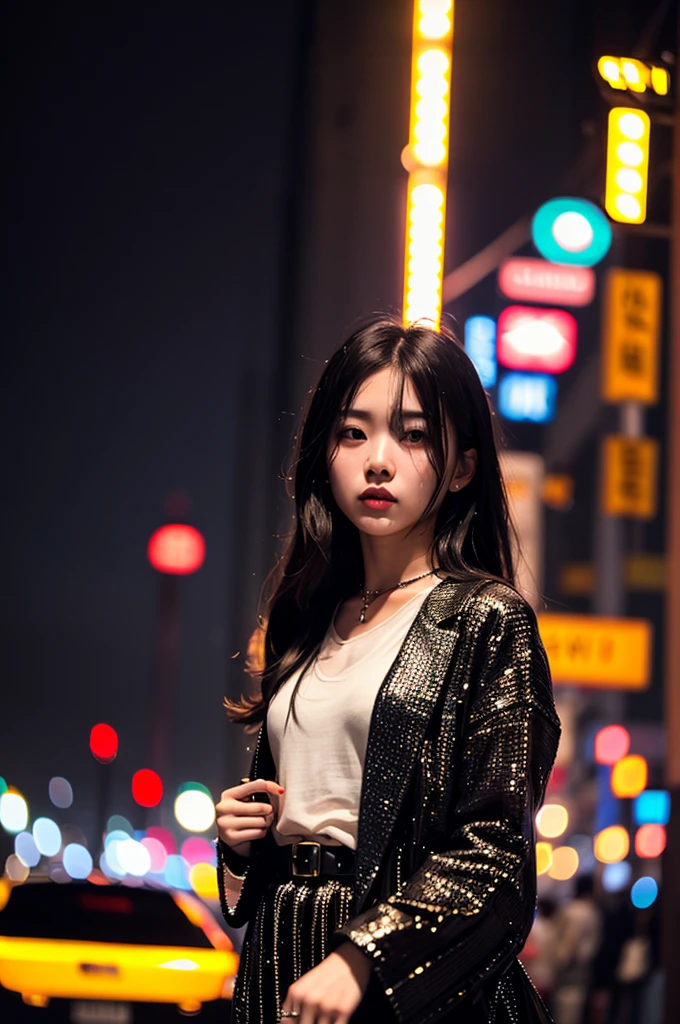 (Cinematic Aesthetic:1.4) Photo of a beautiful korean fashion model bokeh city night