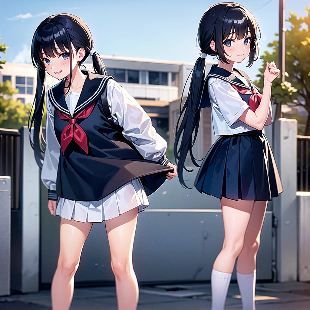 (best quality, masterpiece, high-resolution, detail),
a girl, 15yo,
standing,
low pigtails, (low twin tails:1.2), black hair,
navy blue , sailor uniform,
front,
gentle smile,
BREAK
((high school), school building on the back), 4-story white school building,
square, outdoor, tree on side,