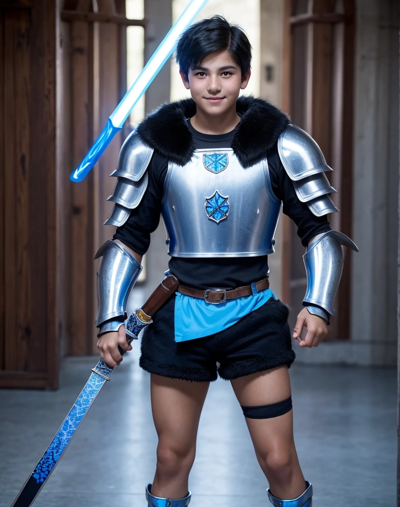 Young 13-year-old boy with black hair and brown eyes, innocent and happy, dressed in short neon-blue medieval barbarian clothes, fur shorts, light-blue battle armor, weilding silver sword and shield, sandals; fullbody; short hair, boyish athletic, sexy,