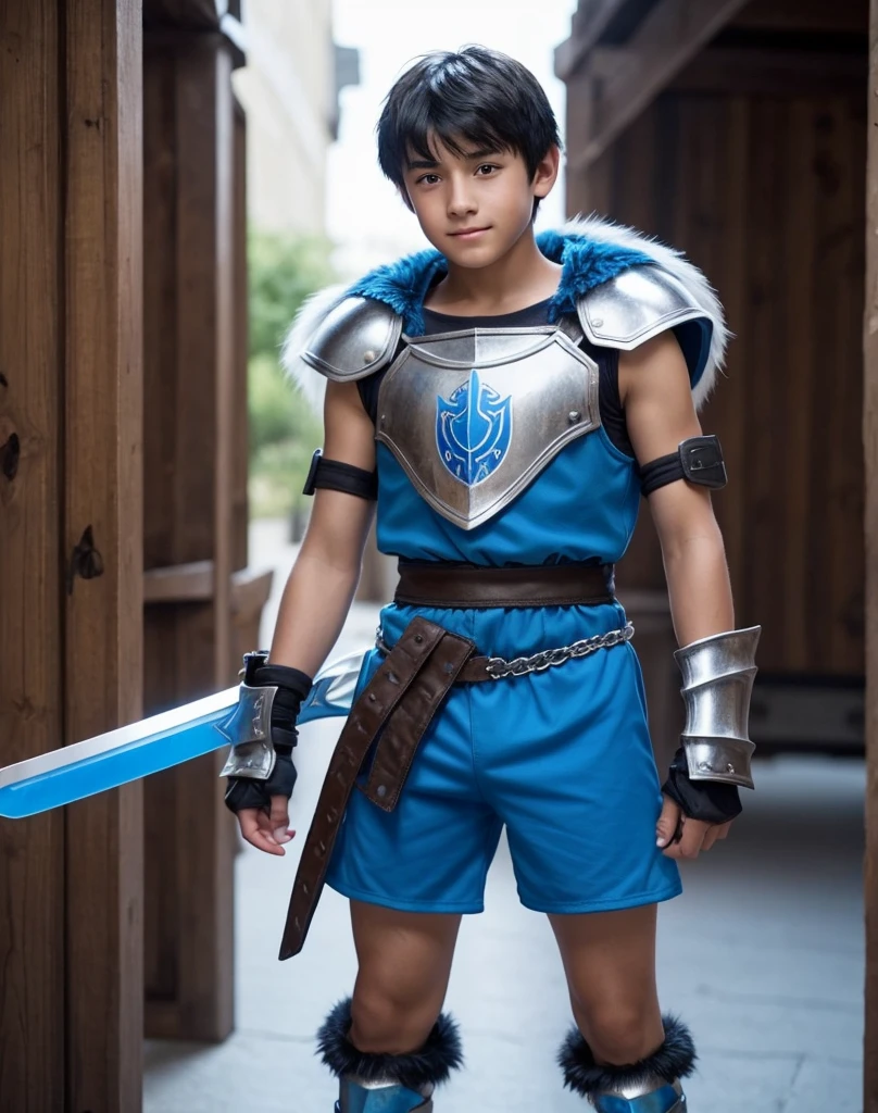 Young -yeld boith black hair and brown eyes, innocent and happy, dressed in short neon-blue medieval barbarian clothes, fur shorts, light-blue battle armor, weilding silver sword and shield, sandals; fullbody; short hair, boyish athletic, sexy,