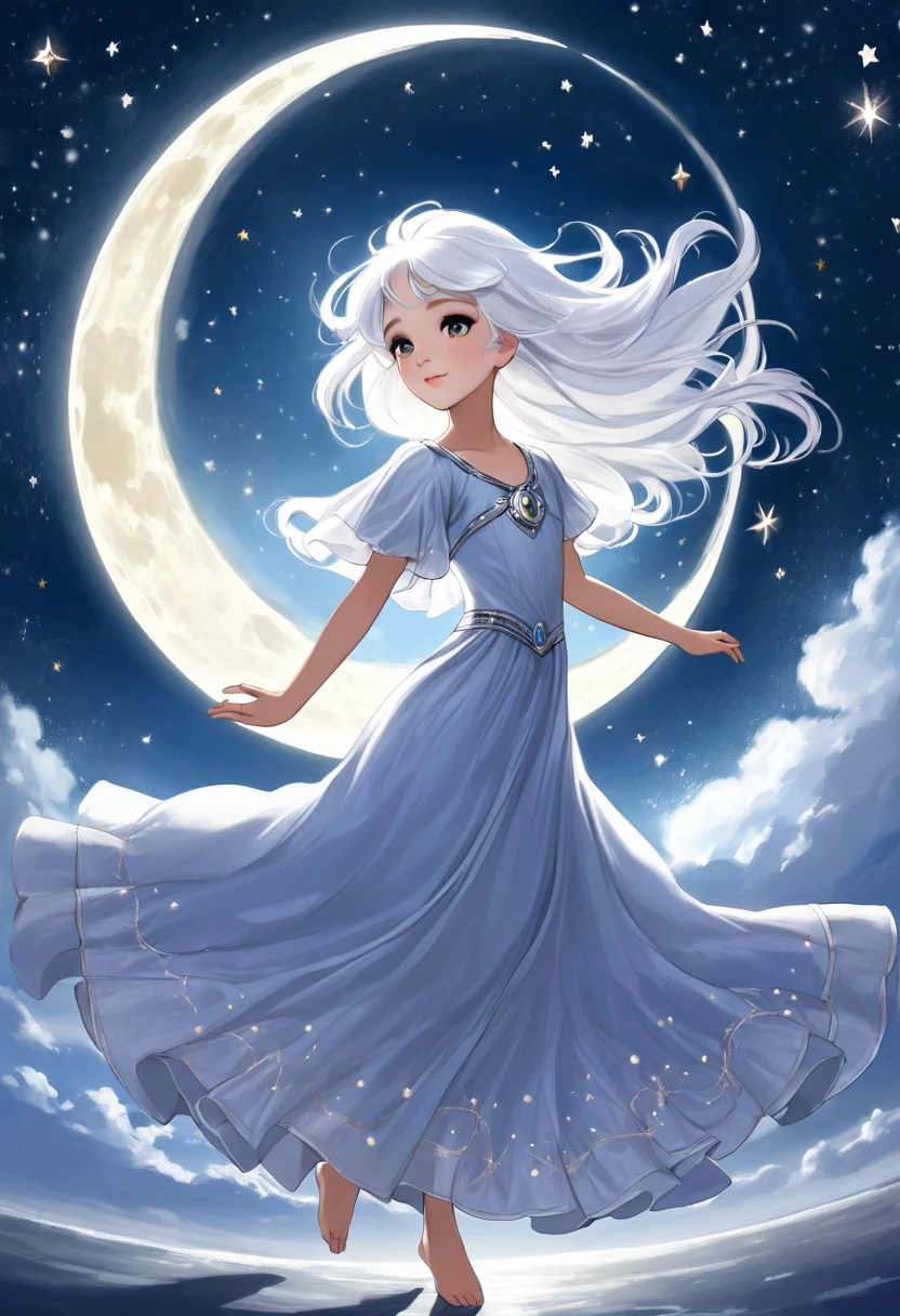 A moonchild, with silver hair and eyes that shine like stars, dancing in the moonlight with grace and magic.