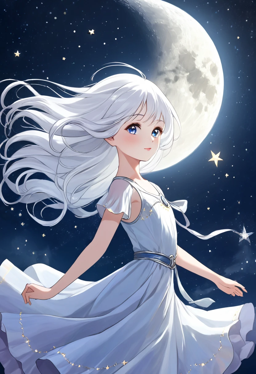 A moonchild, with silver hair and eyes that shine like stars, dancing in the moonlight with grace and magic.