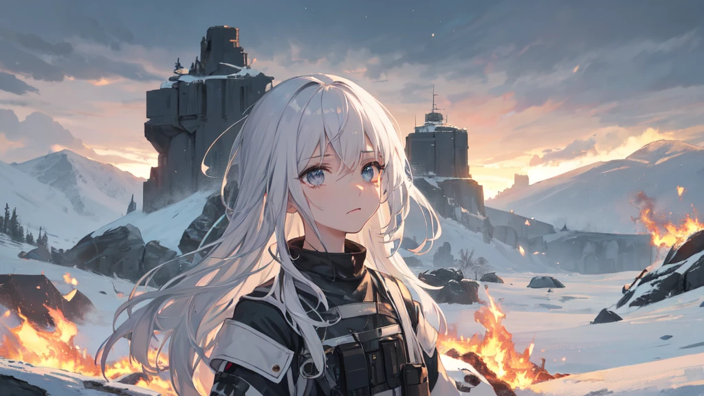 masterpiece:1.2), best quality , 独奏 ,pixiv, anime girl ，long straight white hair , black eyes ,Wearing off-white camouflage uniform ,ten years old，modern battlefield，(Eyes looking into the distance:1.3)，(look away:1.5)，snowy weather，dirty face，The background is a sea of fire with blood on the forehead，dirty face，Backlight，Bare rocky peaks ,Fierce flames are burning，The expression is sad，bullets flying，leave tears