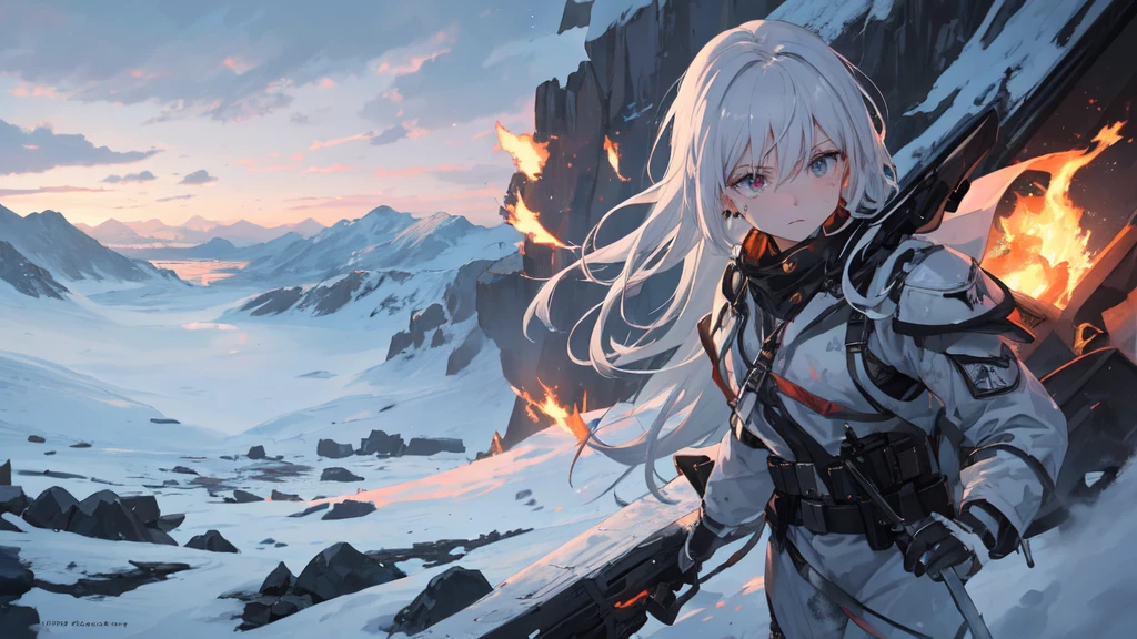 masterpiece:1.2), best quality , 独奏 ,pixiv, anime girl ,long straight white hair , black eyes ,Wearing off-white camouflage uniform ,,modern battlefield,(Eyes looking into the distance:1.3),(look away:1.5),snowy weather,dirty face,The background is a sea of fire with blood on the forehead,dirty face,Backlight,Bare rocky peaks ,Fierce flames are burning,The expression is sad,bullets flying,leave tears