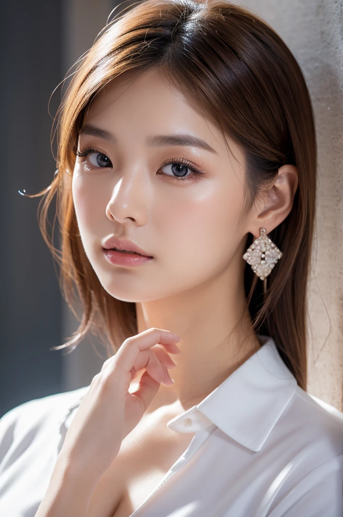 Beauty, Detailed facial features, Perfect figure, Elegant Japanese Goddess, Gorgeous Chinese Model, Realistic and vivid, Earrings, Fashionable and young々Shii, Solo Portrait, Close-up photography, Brown Hair, Highest quality, 4K, 8K, High definition, masterpiece, Super Detail, Vibrant close-up portrait in color, Studio Lighting, Physically Based Rendering, Sharp Focus, Professional photographer, Blonde, uniform, suit, Pull-up, White T-shirt
