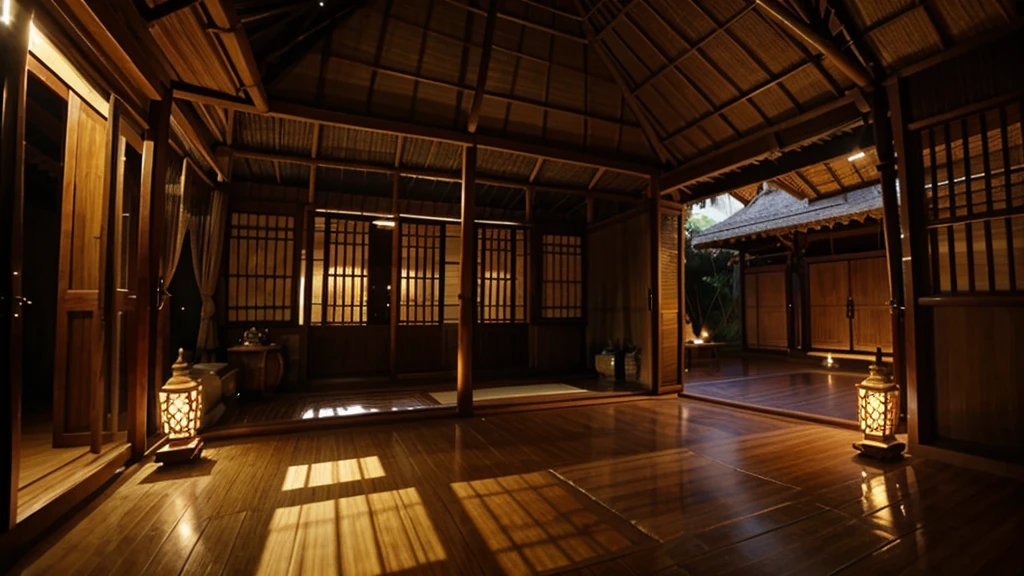 balinese traditional house, light from the right, bamboo based house