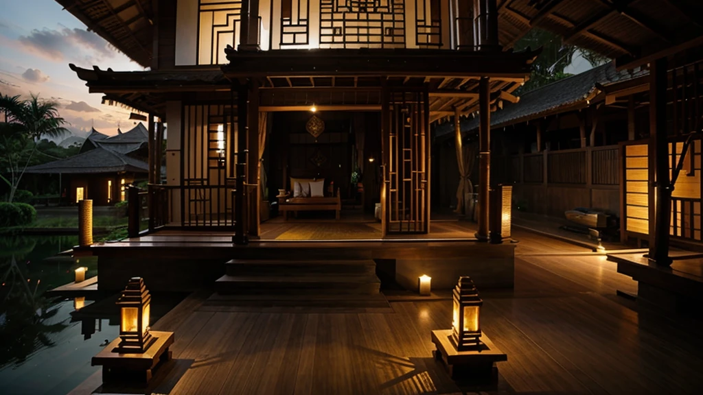 balinese traditional house, light from the right, bamboo based house