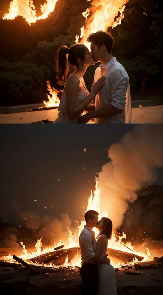 masterpiece, Best quality, detailed, high resolution, (flame/hot焰/flame,Dynamic Scenes:1.3),Romantic couple kissing in fire,Firestorm, on fire, Weird fantasy image, Very good skin texture,Magic Circle, Casting a Spell, peculiar, 紫色strength, strength, hot, meteor,