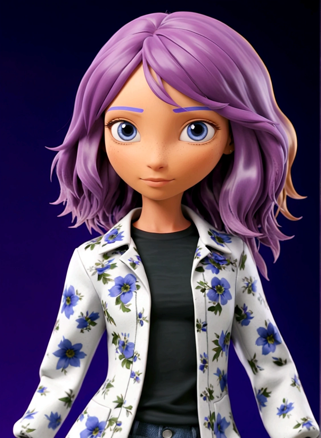 3D render of girl, long purple hair, white jacket with blue flower designs, black t-shirt, denim jeans, purple and whir sneakers 