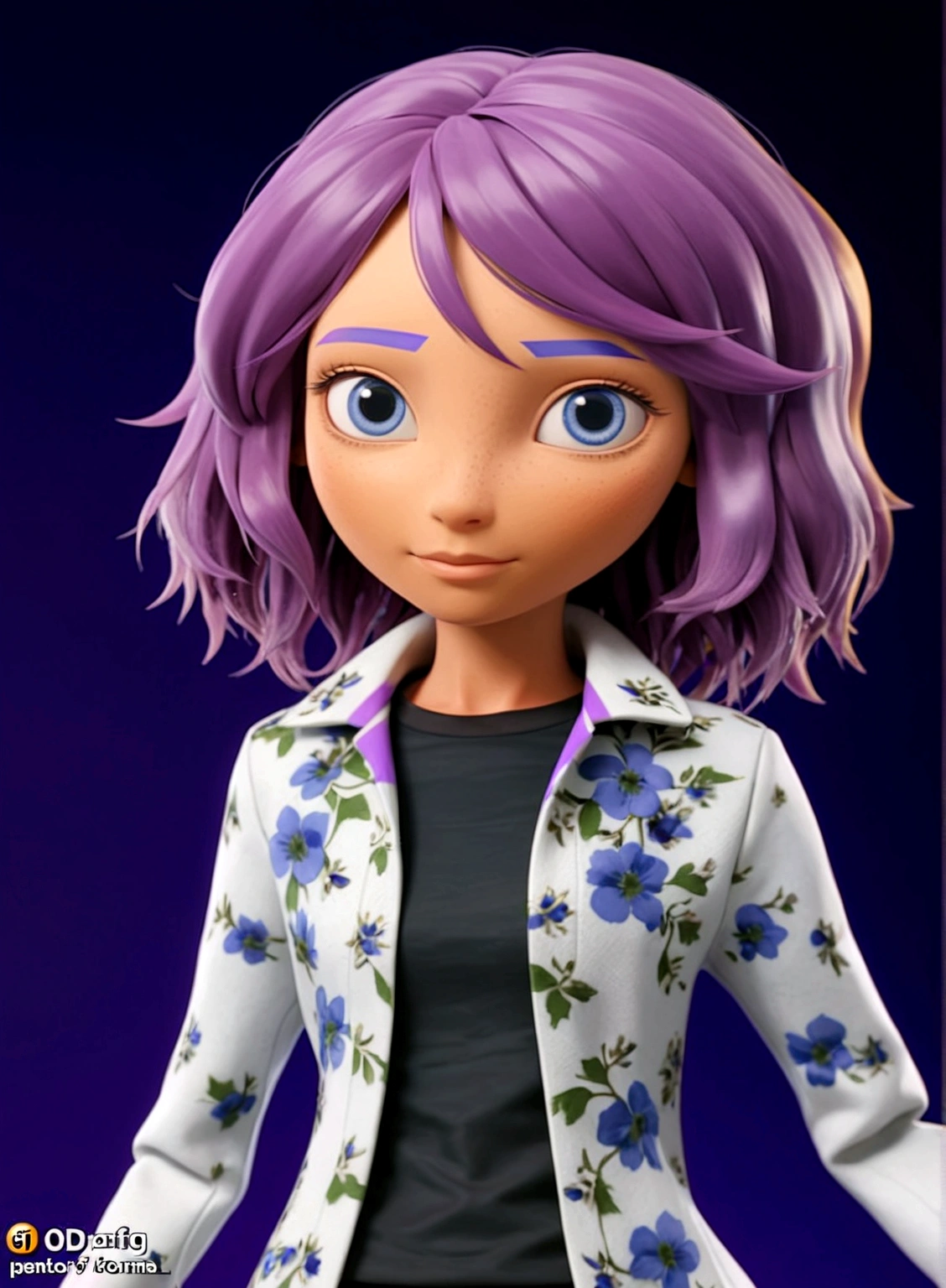 3D render of girl, long purple hair, white jacket with blue flower designs, black t-shirt, denim jeans, purple and whir sneakers 