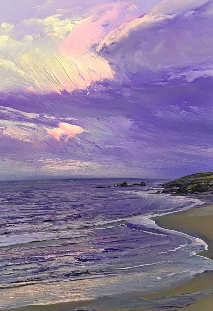 The scene is set in a quiet, peaceful twilight. The sky is painted in shades of purple, pink and gold, as the sun sets in the distance, casting a soft glow over the landscape, Foreground - A lone figure standing on a cliff, silhouetted against a clear sky, Background - The far horizon reveals a vast ocean , the waves lapping gently on the beach, Middle Earth - Around the figure are scattered remnants of shared memories: weathered diaries, pages fluttering in the wind, and old photographs held loosely in the figure's hands, Details and Atmosphere - The air feels thick with nostalgia and melancholy, as if the scene itself breathes with the emotions of the figures, Mood - The overall mood is bitter, reflecting the beauty of the sunset and the sadness of parting.