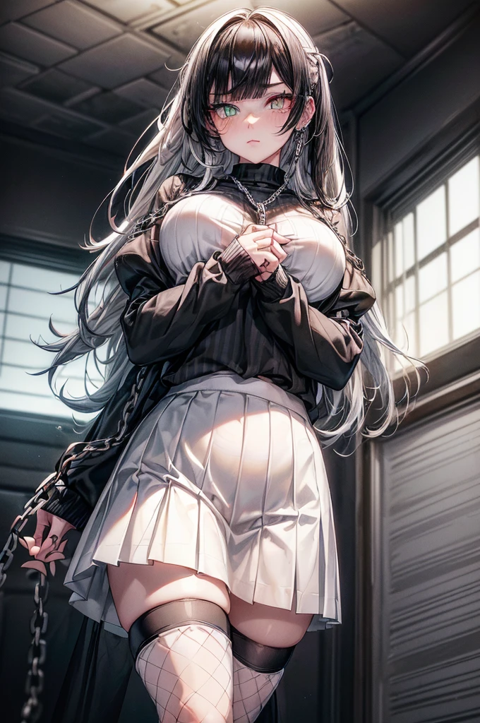 High School Aged Female, Solo, (((Duotone Hair - Black Hair on Right Side, White Hair on Left Side, Beautiful Doe Eyes, Heterochromia – Black Right Eye, Yellow Left Eye, Black Right Eyelashes and Eyebrow, White Left Eyelashes and Eyebrow))), Huge Breast Size, Wide Hips, Thick Creamy Thighs, ((Black and White Outfit – T-Shirt, Fishnet Long Sleeve Undershirt, White Skirt, Black and White Striped Thighhigh Socks, Chain Accessories, Piercings)), Timid Expression, Hands Clasped Near Chest, Standing in Empty Classroom, Beautiful Evening Lighting, (Masterpiece, Perfect Anatomy, Perfect Hands)