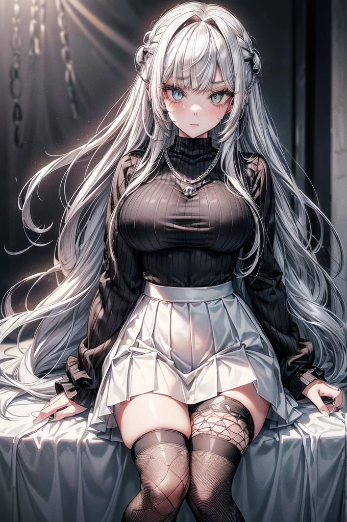 High School Aged Female, Solo, (((Duotone Hair - Black Hair on Right Side, White Hair on Left Side, Beautiful Doe Eyes, Heterochromia – Black Right Eye, Yellow Left Eye, Black Right Eyelashes and Eyebrow, White Left Eyelashes and Eyebrow))), Huge Breast Size, Wide Hips, Thick Creamy Thighs, ((Black and White Outfit – T-Shirt, Fishnet Long Sleeve Undershirt, White Skirt, Black and White Striped Thighhigh Socks, Chain Accessories, Piercings)), Timid Expression, Hands Clasped Near Chest, Standing in Empty Classroom, Beautiful Evening Lighting, (Masterpiece, Perfect Anatomy, Perfect Hands)