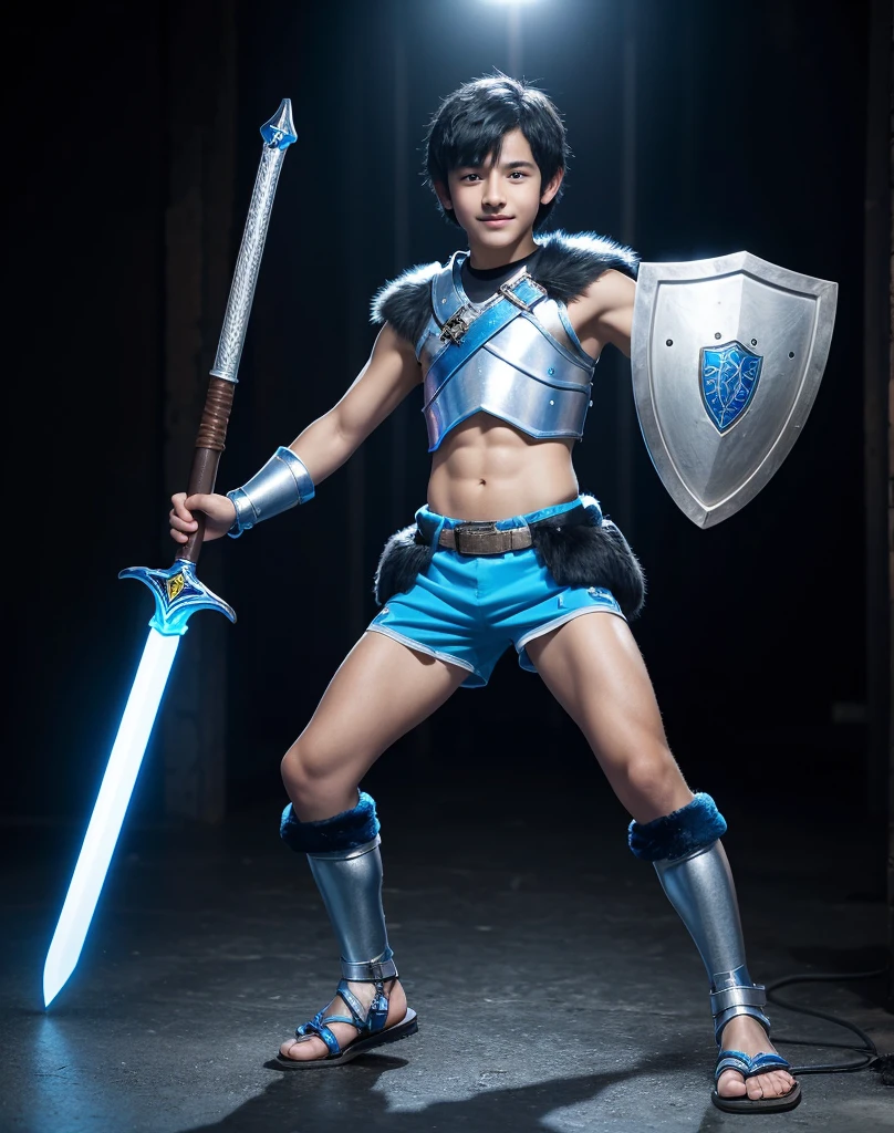Young 13-year-old boy with black hair and brown eyes, innocent and happy, dressed in short neon-blue medieval barbarian clothes, fur shorts, light-blue battle armor, weilding silver sword and shield, sandals; fullbody; short hair, boyish athletic, sexy,