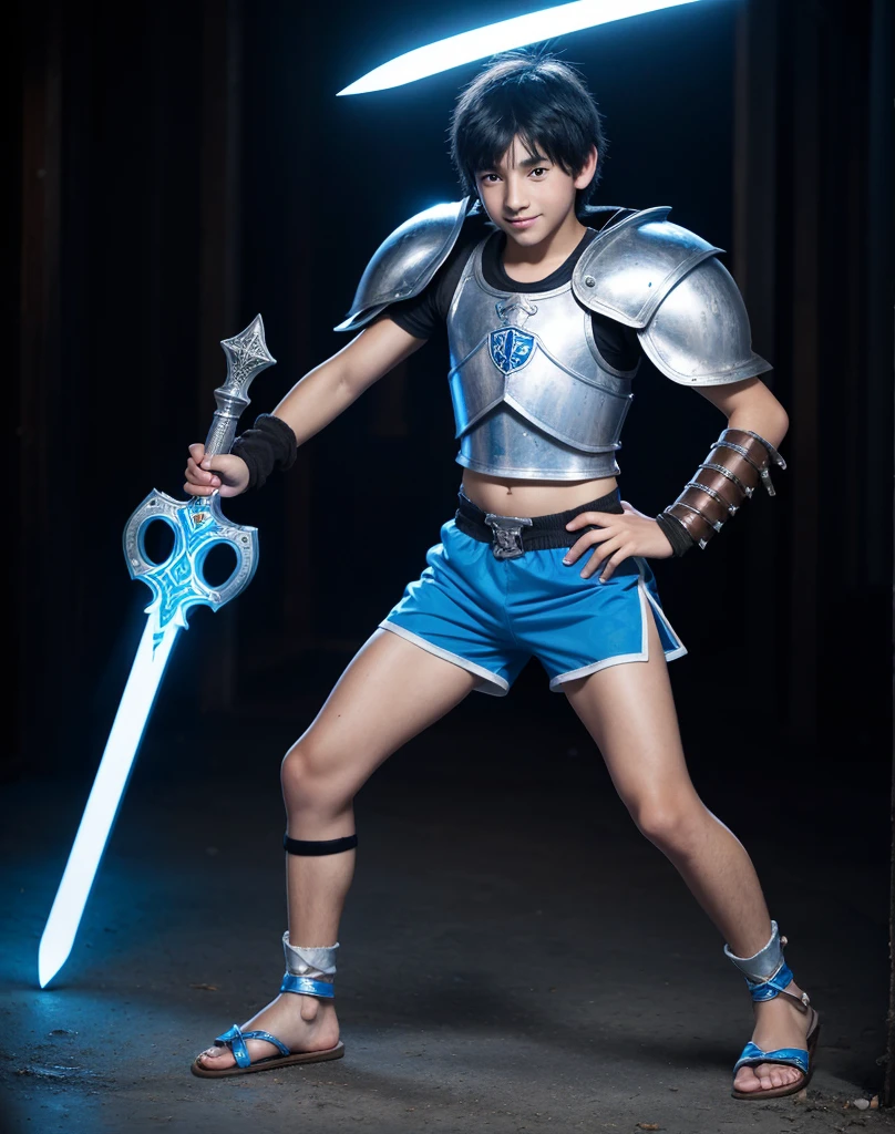 Young 13-year-old boy with black hair and brown eyes, innocent and happy, dressed in short neon-blue medieval barbarian clothes, fur shorts, light-blue battle armor, weilding silver sword and shield, sandals; fullbody; short hair, boyish athletic, sexy,