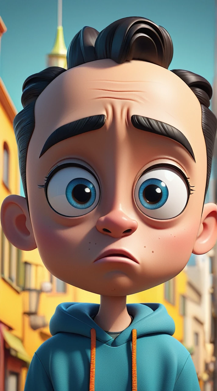Hypeirealistic 3D Cartoon style character with big head.