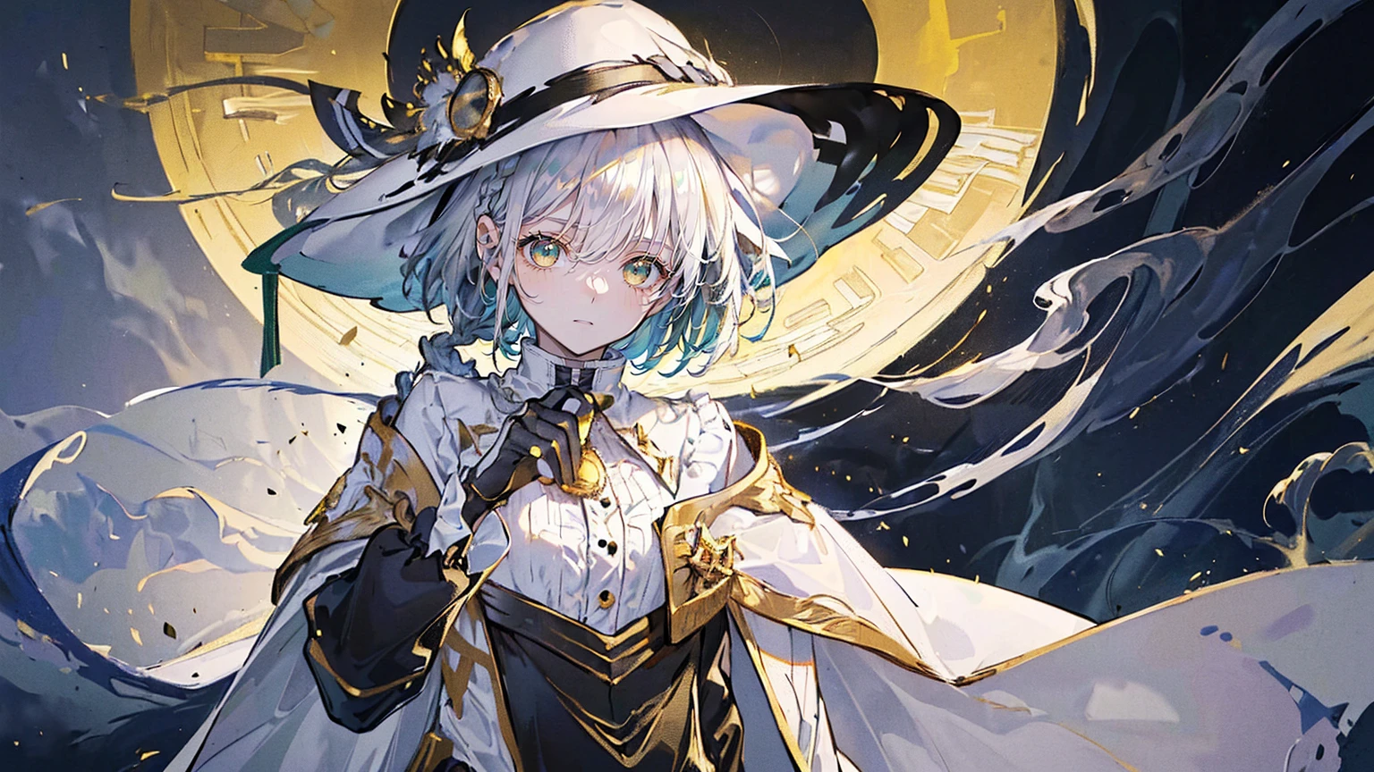 (Super detailed)),((illustration)),((masterpiece)),(((need))),((fine、Highest quality CG Unity 8K wallpapers,masterpiece),((4K,masterpiece,best quality)),Girl with short silver hair,hair strand,expressive hair,Braids,Gold-green heterochromatic eyes,flat chest,Silver sun hat,White gloves,Wearing a white coat,Black and gold western detective suit,Black and gold boots,Monocle,Restlessness,The walls are covered with wanted posters,Thick smoke billows from the factory behind,Dark sky,A big explosion,There's an imaginary crime scene around me,Full body picture,Medieval English Steam Style