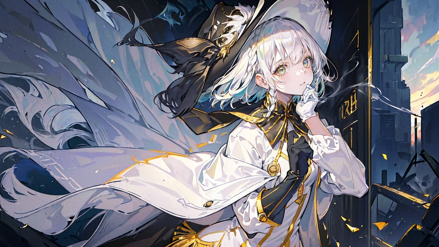 (Super detailed)),((illustration))，((masterpiece)),(((need))),((fine、Highest quality CG Unity 8K wallpapers，masterpiece），（（4K，masterpiece，best quality）），Girl with short silver hair，hair strand，expressive hair，Braids，Gold-green heterochromatic eyes，flat chest，Silver sun hat，White gloves，Wearing a white coat，Black and gold western detective suit，Black and gold boots，Monocle，Restlessness，The walls are covered with wanted posters，Thick smoke billows from the factory behind，Dark sky，A big explosion，There&#39;s an imaginary crime scene around me，Full body picture，Medieval English Steam Style