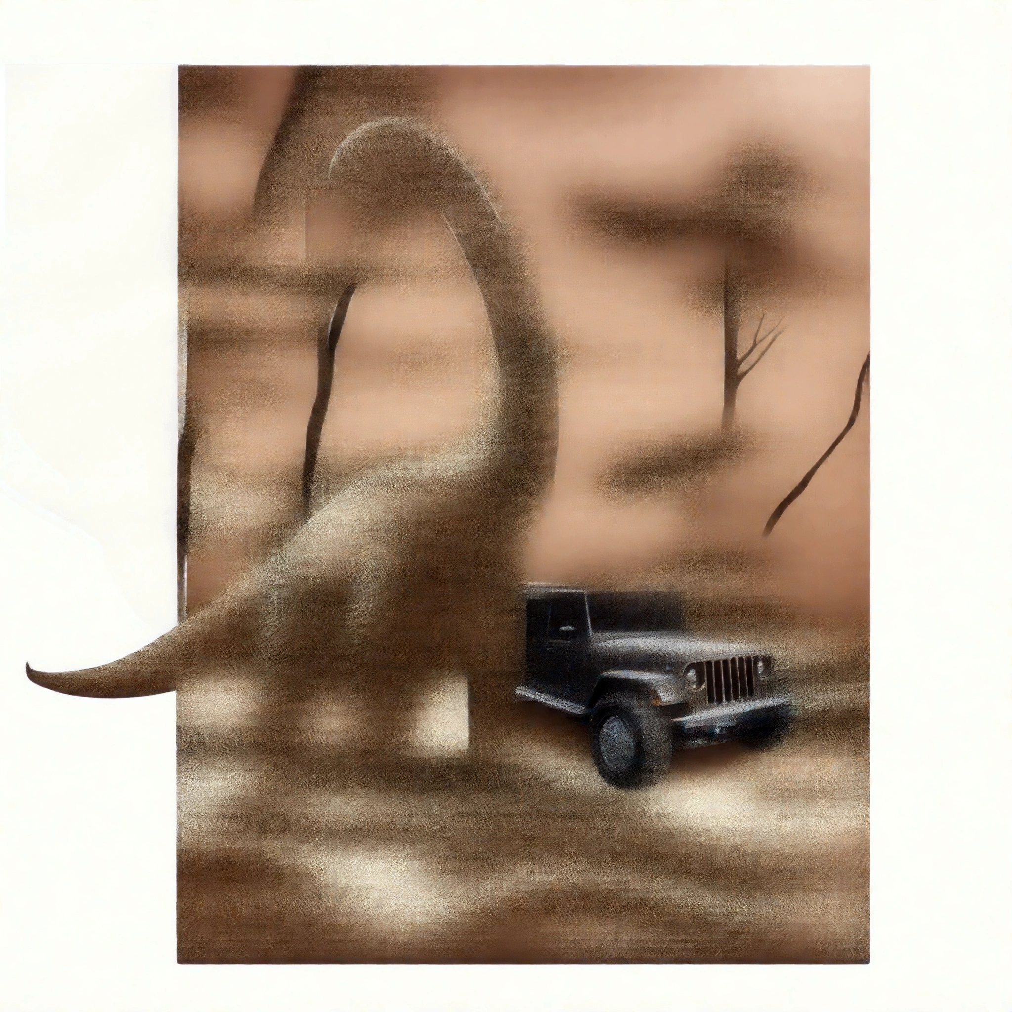 create spectacular art in lineart style based on the uploaded image that has the following description(The image features a large dinosaur, specifically resembling a Brachiosaurus, standing amidst a landscape that appears to be from the prehistoric era with dense foliage and trees in the background. In contrast to the ancient setting, there is a modern Jeep vehicle positioned near the dinosaur&#39;s feet, creating an anachronistic scene. The background and foreground are blended with sepia and brown tones, suggesting an aged photography effect. The sky is not visible, as the view is obstructed by trees and foliage. This juxtaposition of prehistoric life with modern technology makes for an interesting image., as it merges two vastly different time periods into a single scene. There are no math problems or homework present in this image to transcribe.])
