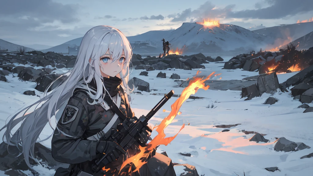 masterpiece:1.2), best quality , 独奏 ,pixiv, anime girl ，long straight white hair , black eyes ,Wearing off-white camouflage uniform ,，modern battlefield，(Eyes looking into the distance:1.3)，(look away:1.5)，snowy weather，dirty face，The background is a sea of fire with blood on the forehead，dirty face，Backlight，Bare rocky peaks ,Fierce flames are burning，The expression is sad，bullets flying，leave tears