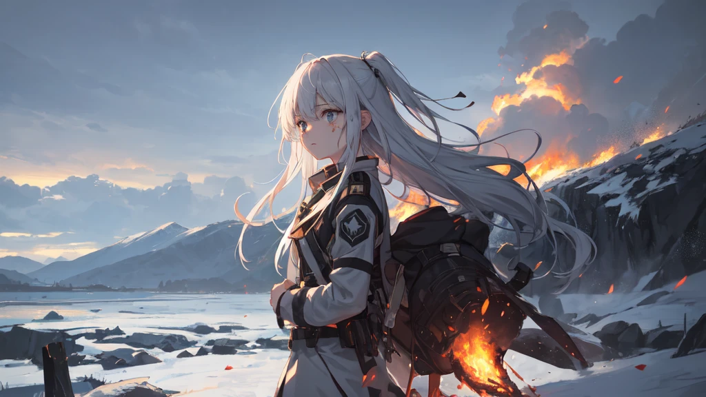masterpiece:1.2), best quality , 独奏 ,pixiv, anime girl ,long straight white hair , black eyes ,Wearing off-white camouflage uniform ,ten years old,modern battlefield,(Eyes looking into the distance:1.3),(look away:1.5),snowy weather,dirty face,The background is a sea of fire with blood on the forehead,dirty face,Backlight,Bare rocky peaks ,Fierce flames are burning,The expression is sad,bullets flying,leave tears