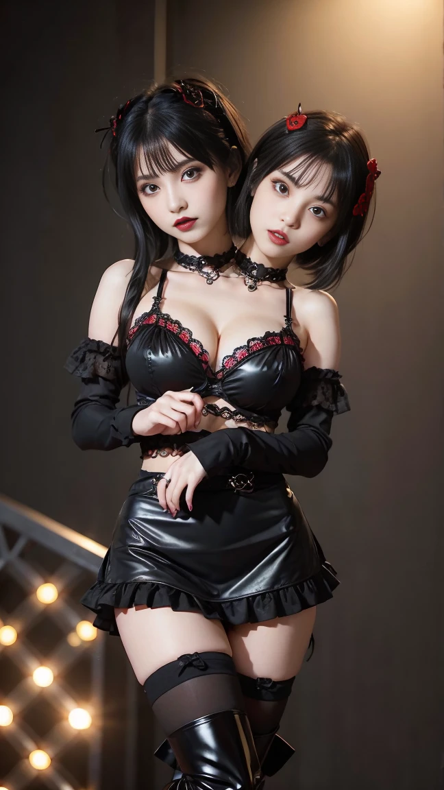 Vampire idol in gothic punk style..、big and full breasts、beautiful foot、、、Good style、、、Gothic punk black and red ta fashion.(、a miniskirt)、、、Black hair with red mesh..、absolutely、cool expression、Illuminated by a red spotlight, united_dicephalus, (Two heads:1.2), whole body, posing, hand signals