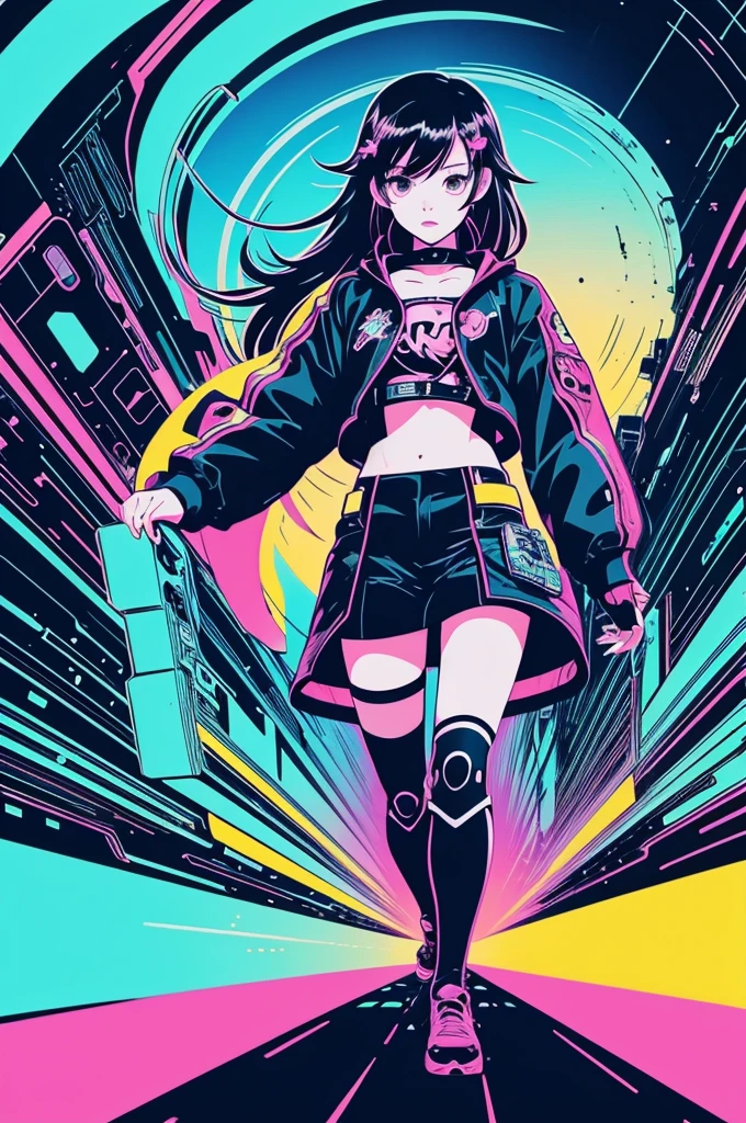 anime, girl, cute, cyber punk, colorful, ink paint Line art, Vector art, Bold line, Glitch Art, Flat Color, Key Visual, Vibrant, Drafting, Line art, Minimalist, masterpiece, Fly into the sky,