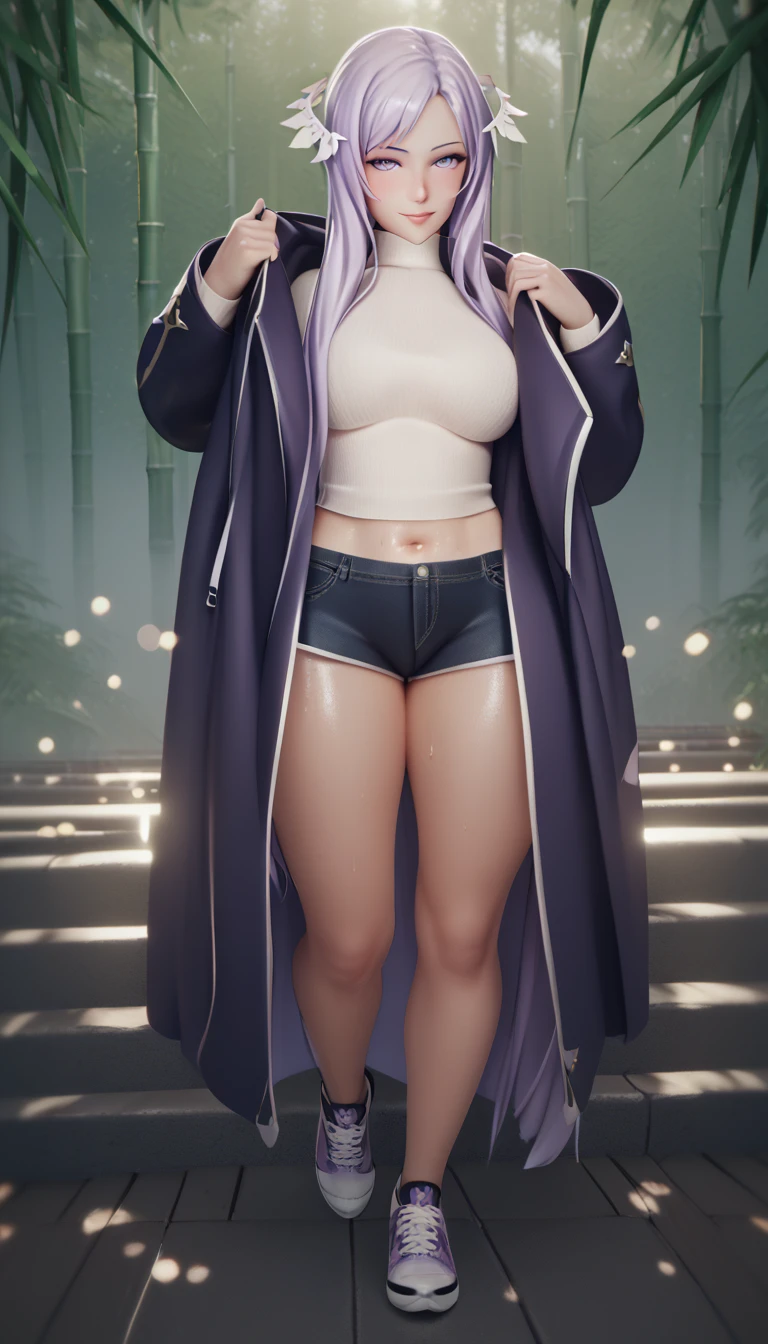 score_9, score_8_up, score_7_up, score_6_up, uncensored, quinella, absurdly long hair, purple eyes, long hair, parted bangs, purple hair, very long hair, hair ornament, horny face, blush face, lips, naughty face, shiny skin, sweating, steaming body, curvy, voluptuous, glowing eyes, 1girl, solo, pantyhose, standing, coat, full_body, looking_at_viewer, black_legwear, smile, casual, shoes, turtleneck, simple_background, jacket, tree, bamboo, forest, smoke, water drop, spotlight, bokeh, bootyshorts, sneakers,