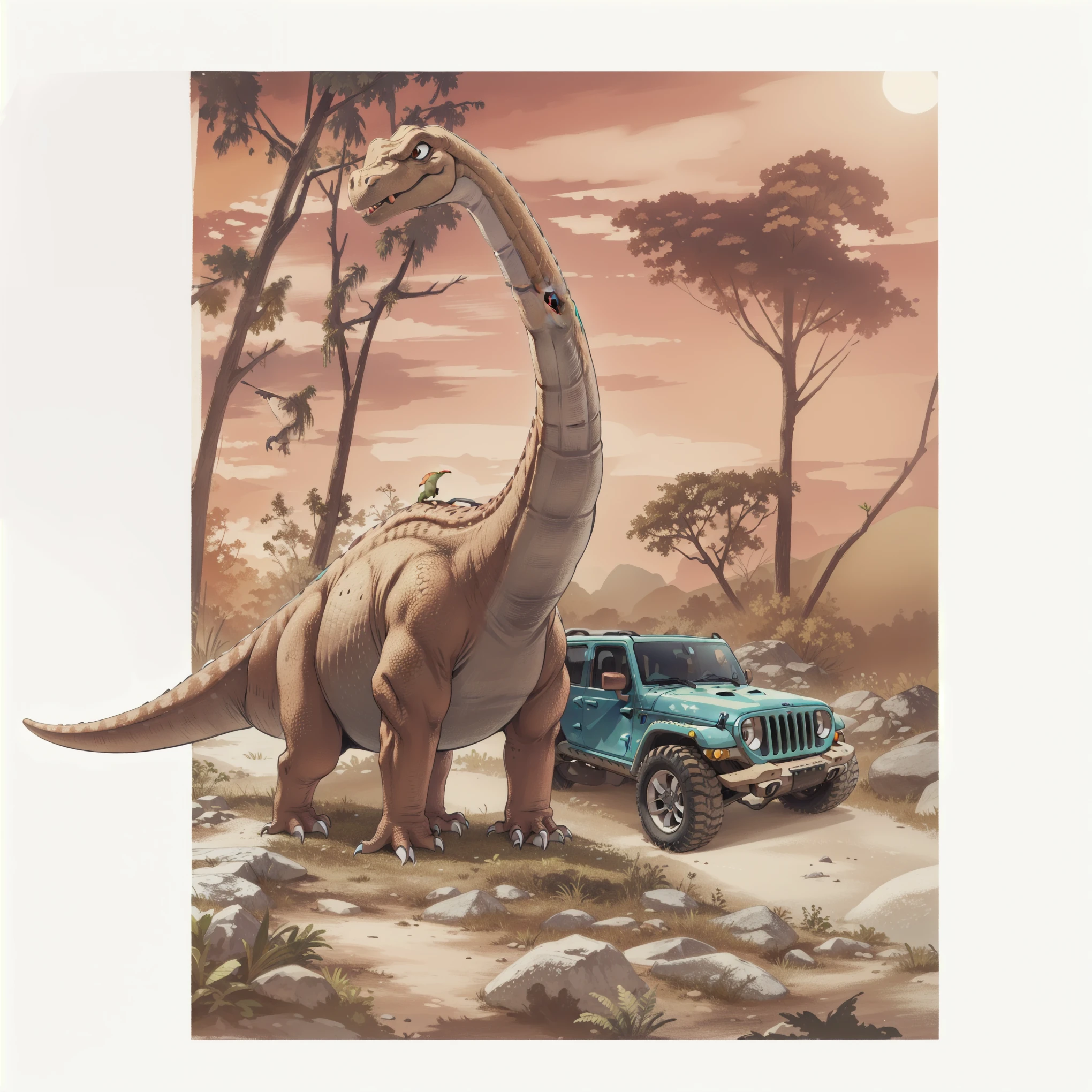 dinosaur and a jeep in a forest at dusk