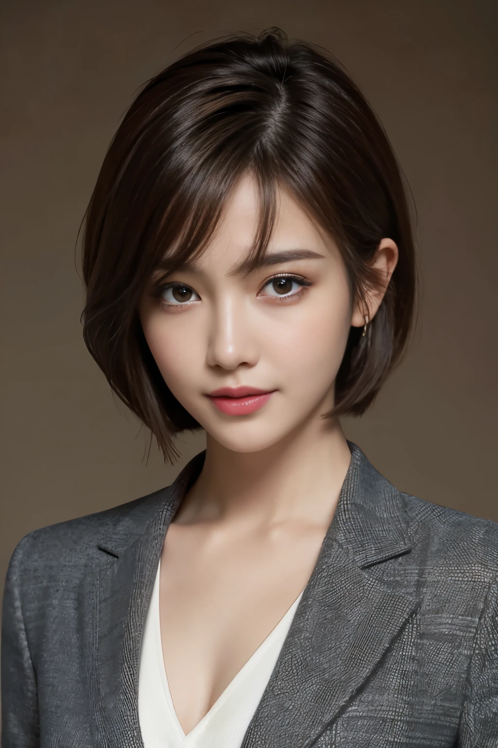 The best quality at its best, Realistically, Super detailed, More about pubic hair, High resolution, Plain background，8k wallpaper, One beautiful woman,,Light brown short hair, Wear a dark suit, Lock Focus, Perfect dynamic composition, Beautiful Eyes, Delicate hair, 细致Realistically的皮肤纹理, smile, Close-up portrait, Model Body Type
