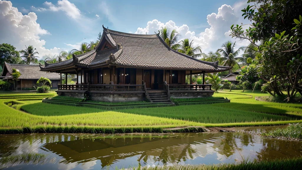balinese traditional house, surrounded by ricefields, exterior