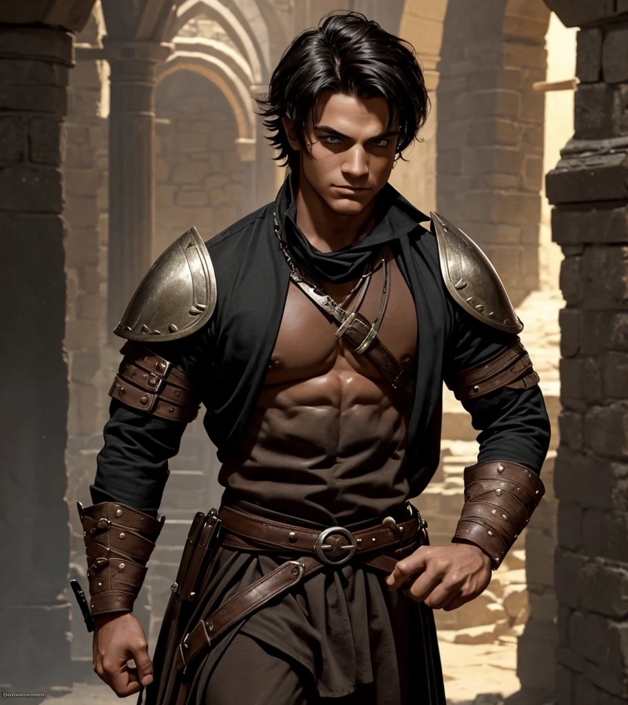 (((Solo character image.))) (((Generate a single character image.)))  1boy (((Dressed in medieval fantasy attire.))) (((Very sexy facial expression.)))  Sexy male fantasy character.  Physique like a male warrior.  Generate an exciting yet sinister male fantasy adventurer for a dark and eerie fantasy setting.  He has shoulder length black hair and has a sinister attire and looks like an exciting villain for a fantasy setting. Large, sexy crotch area. Swashbuckler fashion. Great abs.  Great male physique.  This character is human, very dangerous and looks full of mischief.  He appears about 20 years old.  Ideal physique.  Realistic image.  Looks like a male version of actress Payton Preslee.  He has a legendary beauty that makes him memorable and a pleasure to look at.  Dresses like a male gypsy.  Romani. 
