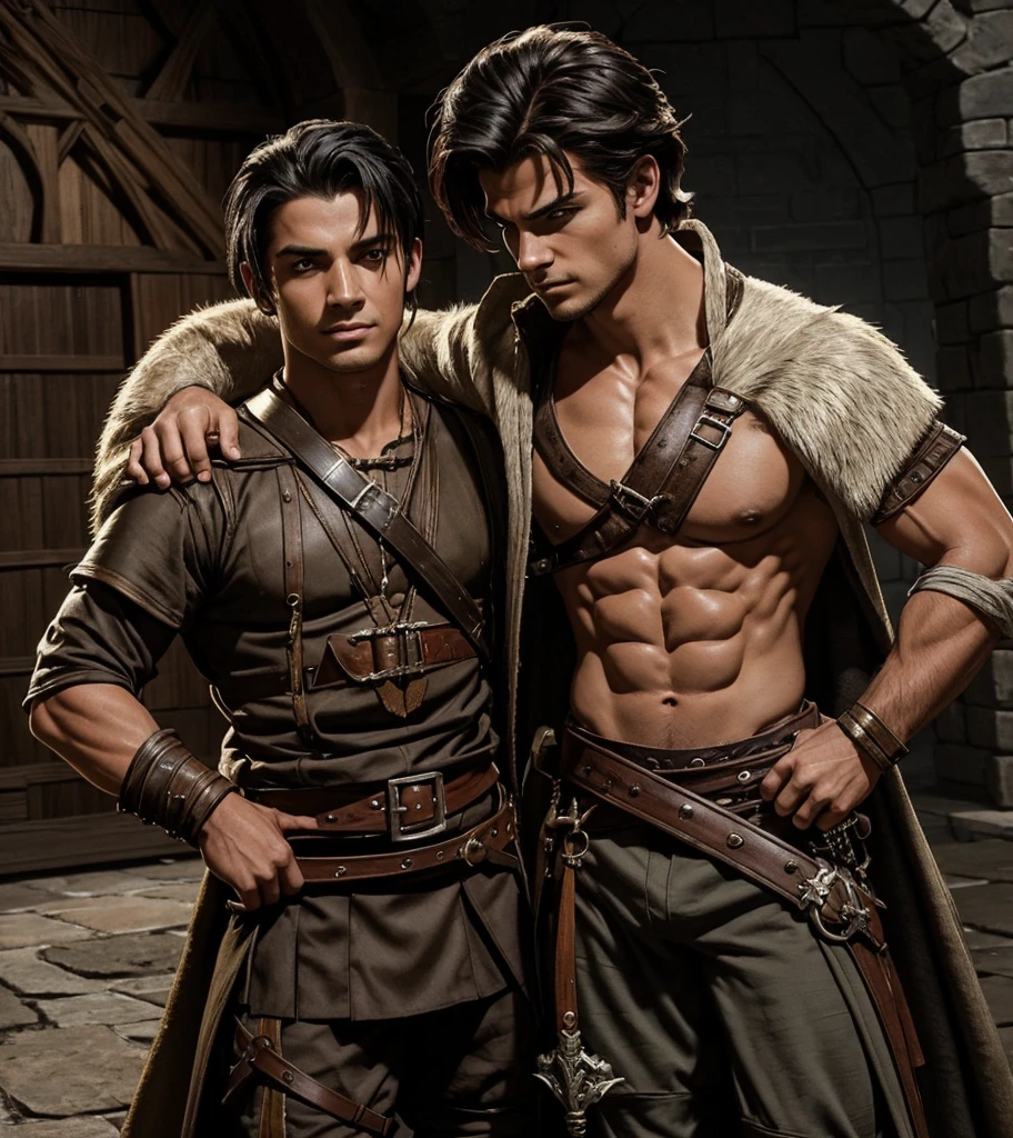 (((Solo character image.))) (((Generate a single character image.))) 1boy (((Dressed in medieval fantasy attire.))) (((Very sexy facial expression.))) Sexy male fantasy character. Physique like a male warrior. Generate an exciting yet sinister male fantasy adventurer for a dark and eerie fantasy setting. He has shoulder length black hair and has a sinister attire and looks like an exciting villain for a fantasy setting. Large, sexy crotch area. Swashbuckler fashion. Great abs. Great male physique. This character is human, very dangerous and looks full of mischief. He appears about 20 years old. Ideal physique. Realistic image. Looks like a male version of actress Payton Preslee. He has a legendary beauty that makes him memorable and a pleasure to look at. Dresses like a male gypsy. Romani.