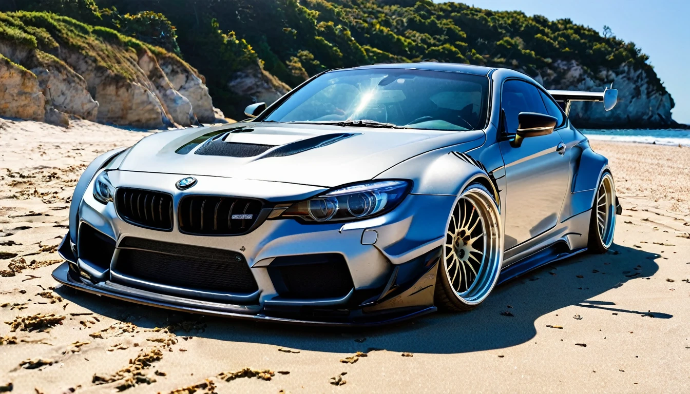 Bmw with liberty walk bodykit, riding on beach, in sunshine morning