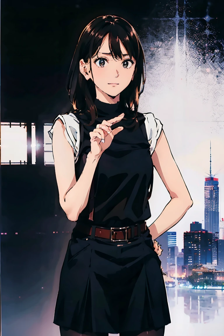 Black Skirt, suspenders, Brown hair Gray eyes, 脚にガーターbelt, Tight black clothes, belt Armpit sweat Bright expression Moderate bust holster Put your hands behind your back、Double Exposure 、Expressing the city with multiple exposures