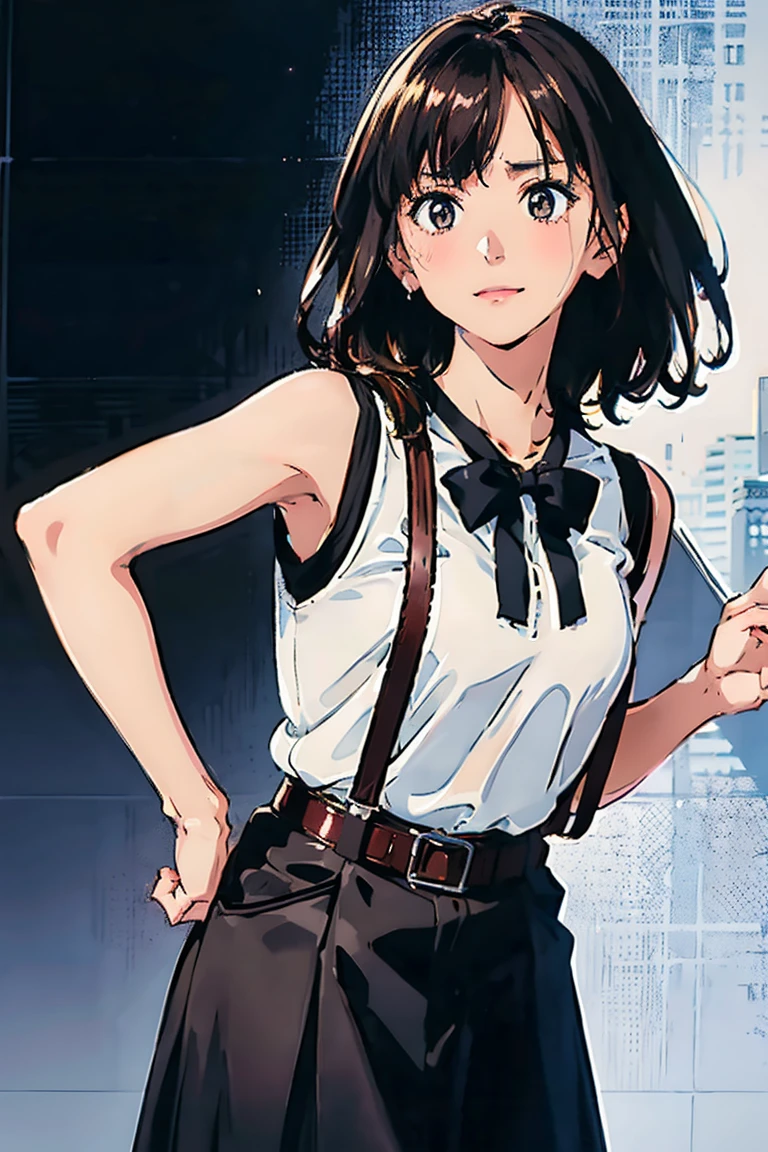 Black Skirt, suspenders, Brown hair Gray eyes, 脚にガーターbelt, Tight black clothes, belt Armpit sweat Bright expression Moderate bust holster Put your hands behind your back、Double Exposure 、Expressing the city with multiple exposures
