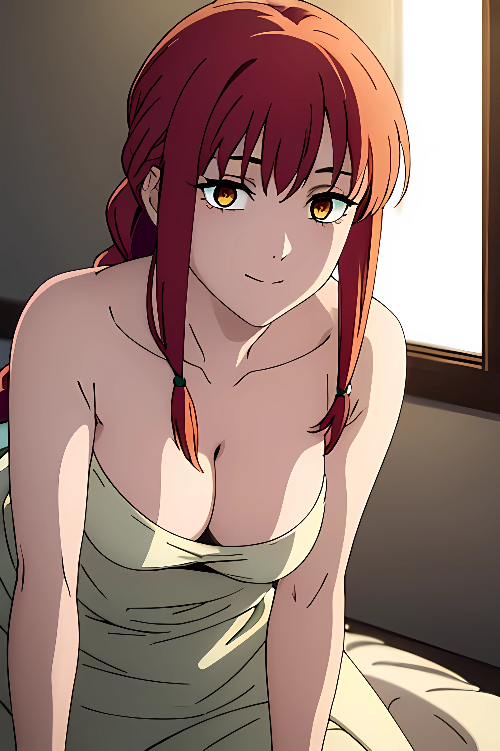 (extremely detailed CG unity 8k wallpaper), (masterpiece), (best quality), (ultra-detailed), (best illustration), (best shadow), (absurdres), 1girl, solo, pefrect face, perfect eyes, shining breasts, perky tits, vivid colors, cleavage, medium breasts, perky tits, full body, makima, long hair, smile, bangs, (yellow eyes:1.2), braid, red hair, braided ponytail, ringed eyes, cleavage, medium breasts, seductive smile,