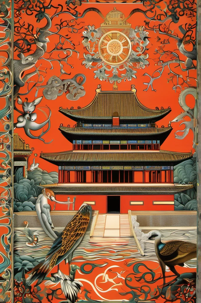 Leonora Carrington style - previous art in the style of Remedios Varro and Ernst Haeckel,(((Forbidden City)))