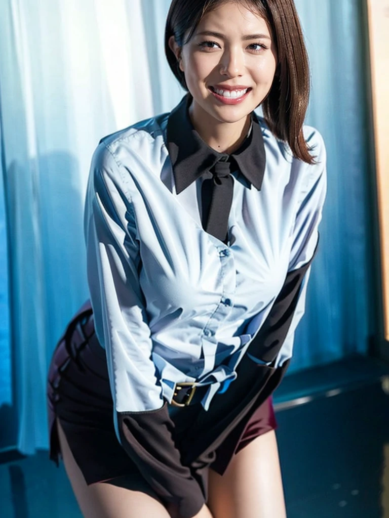 raw photo, 1girl, medium breast, collared blouse, light smile, detailed skin, Are standing, simple background, Above the knee, photorealistic, masterpiece, best quality, anatomically correct