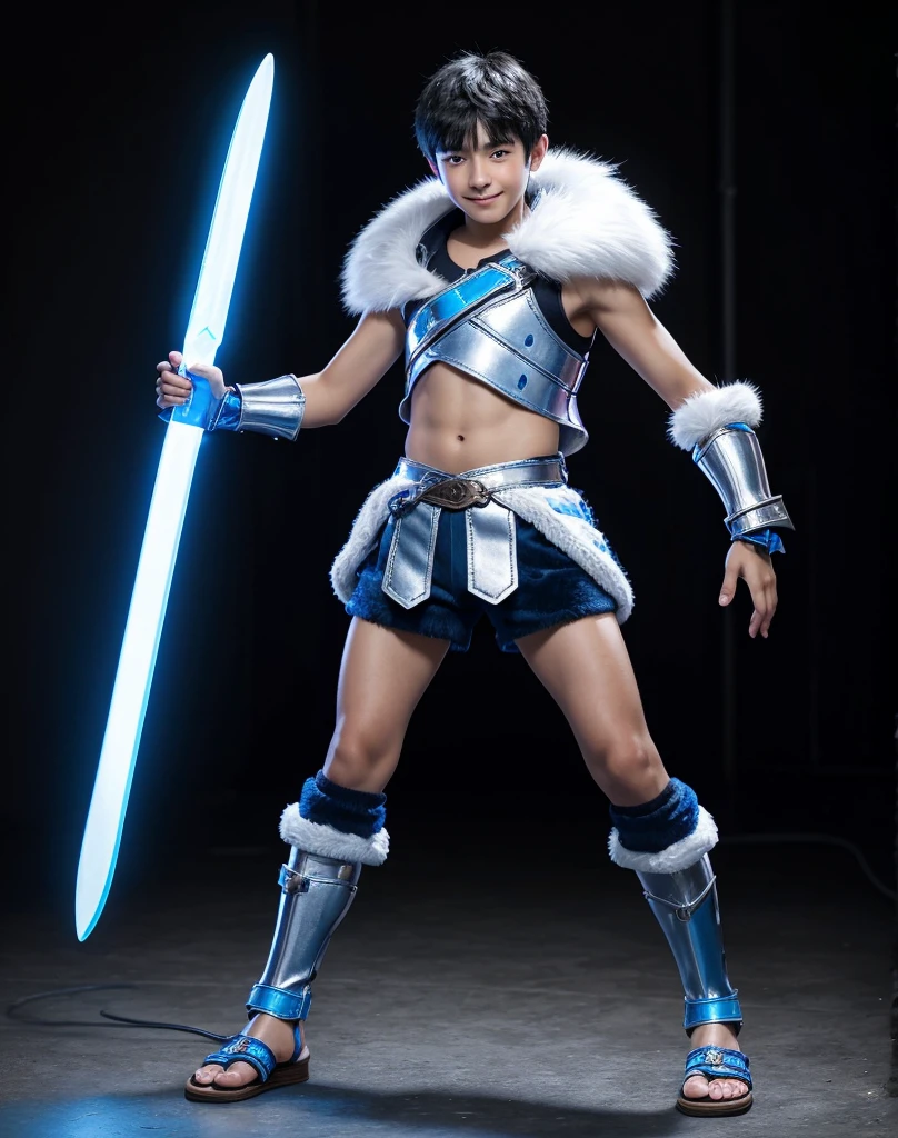 Young -yeld boith black hair and brown eyes, innocent and happy, dressed in short neon-blue medieval barbarian clothes, fur shorts, light-blue battle armor, weilding silver sword and shield, sandals; fullbody; short hair, boyish athletic, sexy,