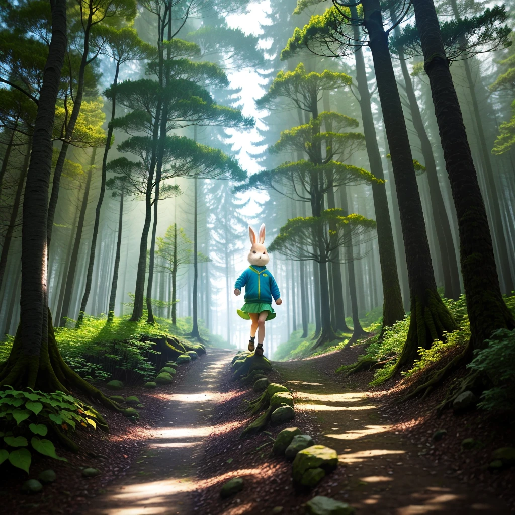 Screen Background：Forest trail，The way to the bunny&#39;s home，The outline of the rabbit&#39;s nest is faintly visible，The surroundings are filled with soft moonlight。
The protagonist of the picture：Stars and bunnies，The stars are flying ahead，The little rabbit follows behind。
Protagonist Action：Stars flying in the sky，The light flickered，The little rabbit is jumping，Excited to follow the light of the stars。
Protagonist&#39;s expression：The stars appear very focused and confident，The little rabbit&#39;s face showed a smile of joy and gratitude。
Protagonist&#39;s sight：The star&#39;s gaze is firmly fixed forward，Give direction to the little rabbit；The little rabbit&#39;s eyes followed the stars with full trust。
Light and shadow effects：The stars are getting brighter，Blending with the light in the forest，Adds a warm glow to the whole picture。
Vision Content：The little rabbit&#39;s home gradually became clear.，The surrounding trees and shrubs form a protective wall，The stars in the night sky embellish the entire picture。