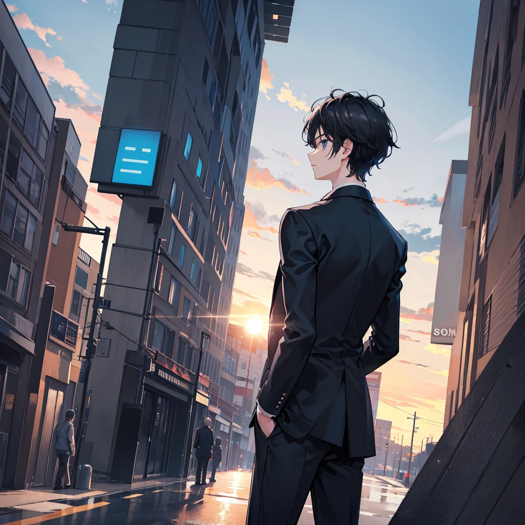 1boy, short black hair, light blue eyes, wearing all black suits, street, sunset, high res, ultrasharp, 8k, masterpiece, looking at viewer from behind