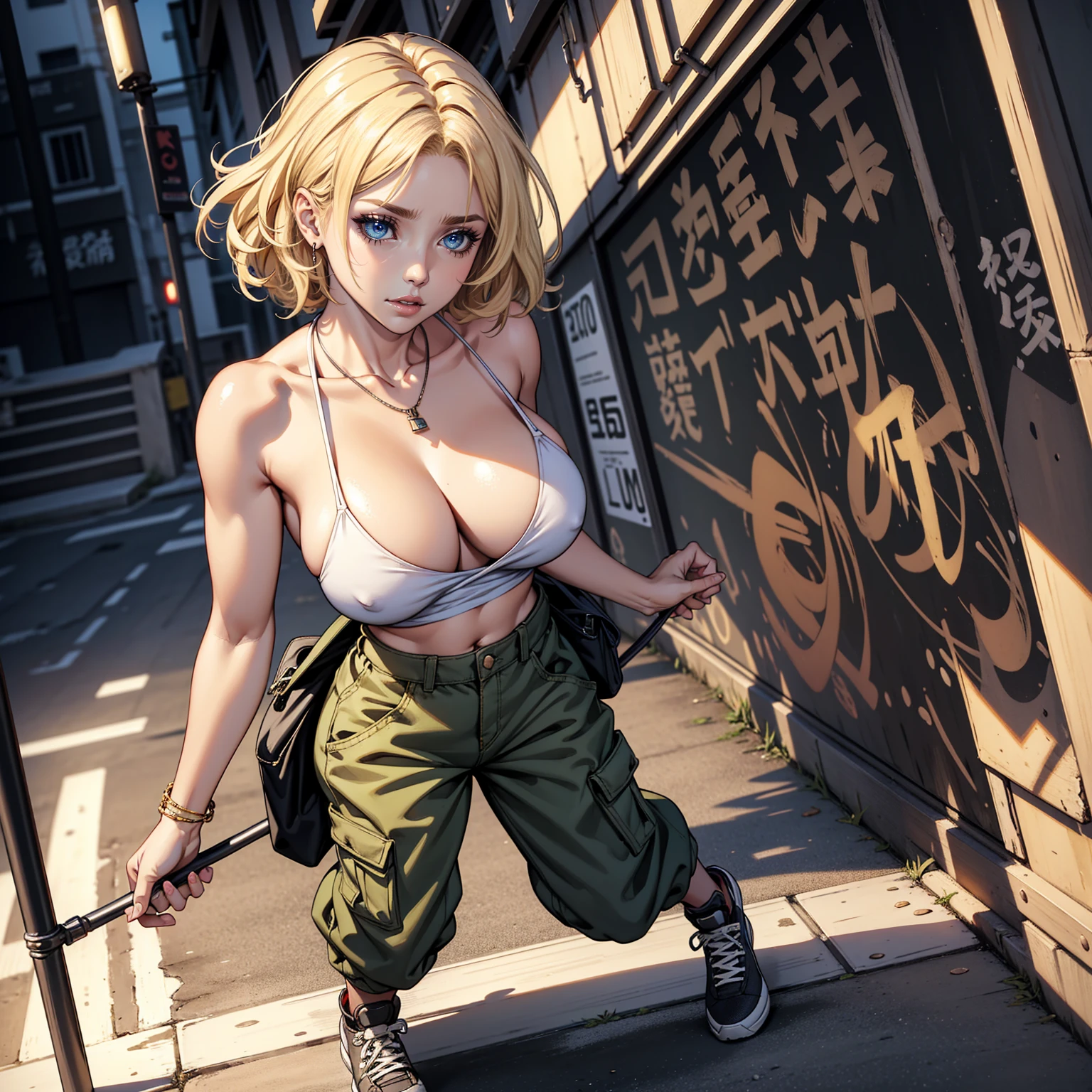 Masterpiece, Professional, High Definition - quality, sharp focus, perfect artwork, Best Illustration, trending on artstation, UHD, 4k, full body, NSFW
1girl, full body, short curly blonde hair, muscular, very large, very defined body, big breasts, small waist, big ass, Streetwear, cargo pants, necklace, taiwan, street, night, depth of field, light eyes, big beautiful eyes, extremely detailed eyes,