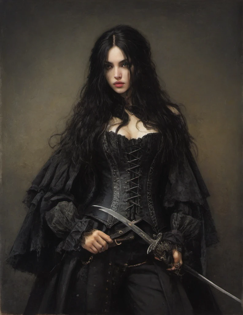 James Gurney, Surrealist art , dream-like, Mysterious, Provocative, symbolic, Complex, detailed,, (Gothic but very beautiful:1.4), (masterpiece, highest quality:1.4) , Nicola Samori Style, young girl with long black hair, gray eyes, pirate coat, corset, rapier