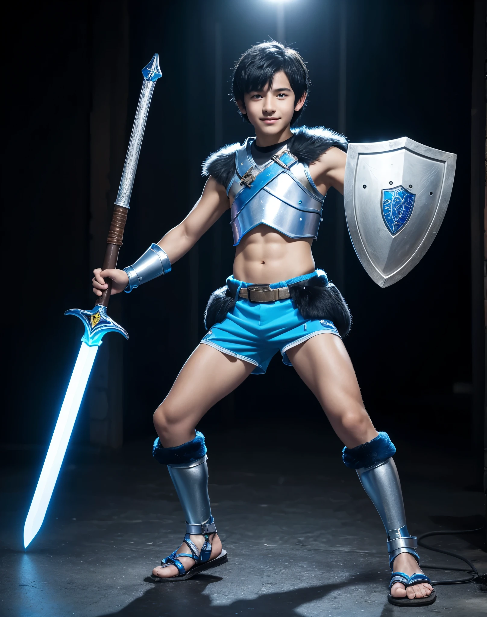 Young 13-year-old boy with black hair and brown eyes, innocent and happy, dressed in short neon-blue medieval barbarian clothes, fur shorts, light-blue battle armor, weilding silver sword and shield, sandals; fullbody; short hair, boyish athletic, sexy,